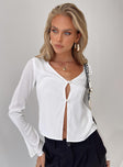 White long sleeve top Button fastening at front V neckline Sheer sleeve Non-stretch