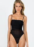 front view of model wearing Princess Polly Baumea Bodysuit Black Sleeveless Square Neck 