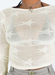 Long sleeve top Sheer knit material Star detail Adjustable cut out at back with tie fastening Good stretch Unlined 