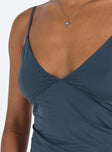 Grey cami top Adjustable shoulder straps Deep v neckline Good stretch Lined bust