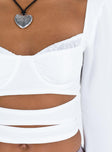 White long sleeve top Square neckline Wired cups Elasticated bust Flared sleeves Cut out at front Zip fastening at back