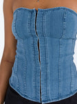 Strapless top Mid wash denim Sweetheart neckline Hook and eye fastening at front Stitched detail throughout Good stretch Unlined