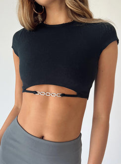 Front view of model wearing  front Princess Polly Short Sleeves Crew Neck  Arian Cut Out Tee Black