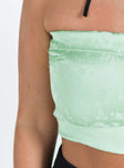 Front view of model wearing  front Princess Polly Short Sleeves Square Neck  Essen Strapless Top Green