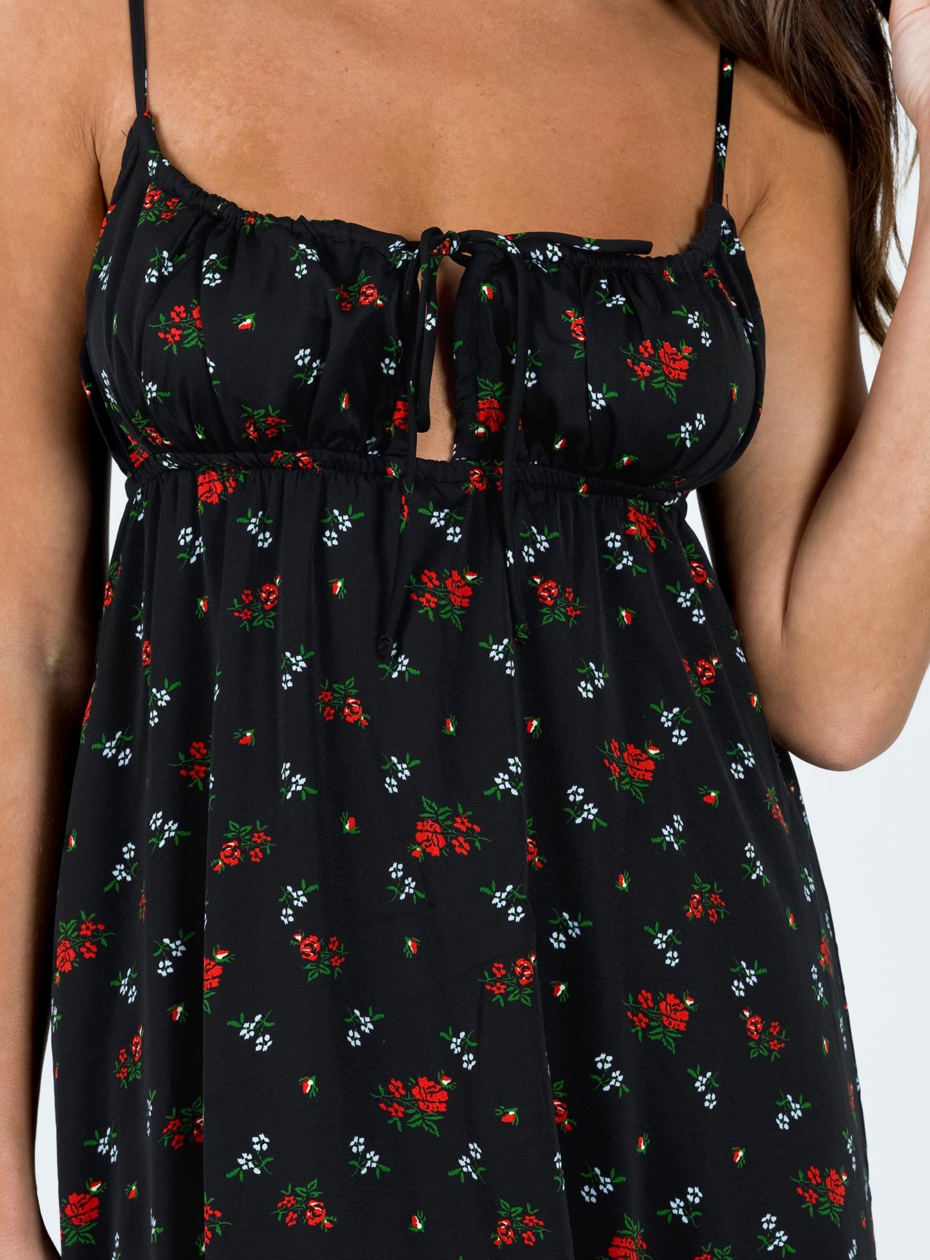 Front view of model wearing  front Princess Polly Square Neck  Empress Of Love Maxi Dress Black Floral