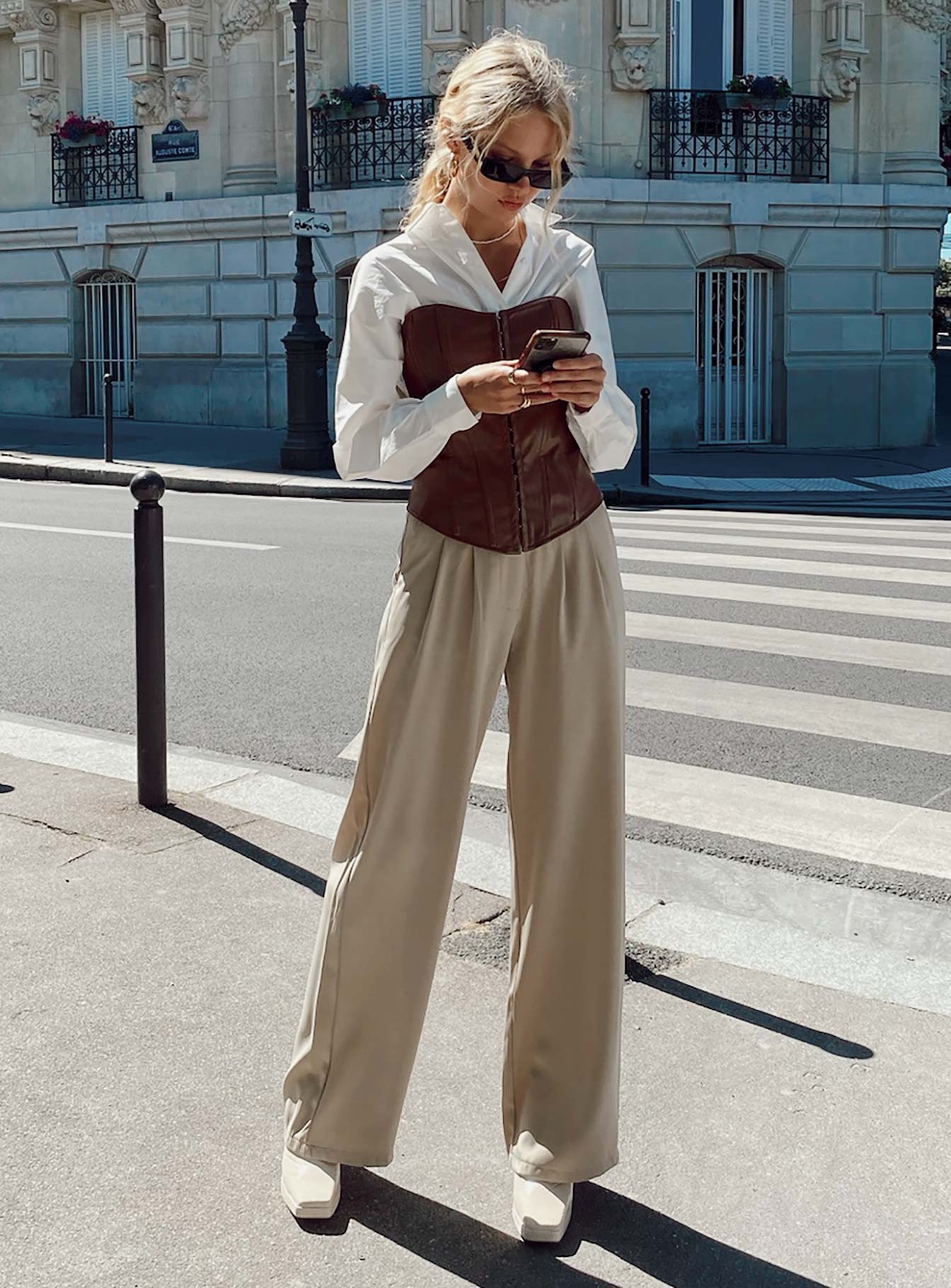 Front view of model wearing  front Princess Polly Full Sleeves High Neck  Hayes Longline Bustier Brown