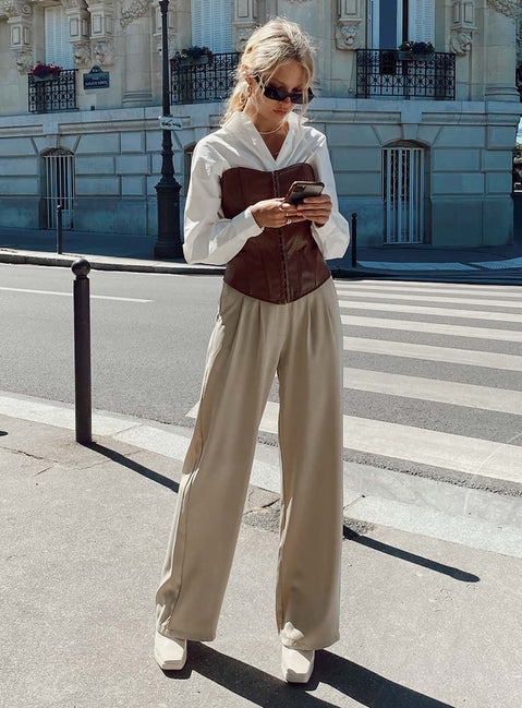 Front view of model wearing  front Princess Polly Full Sleeves High Neck  Hayes Longline Bustier Brown