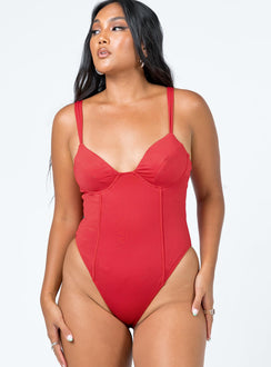front view of model wearing Princess Polly Peyton Bodysuit Red Sleeveless Sweetheart 