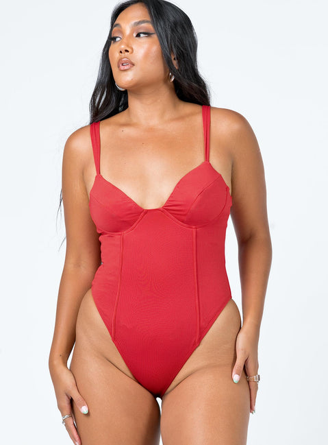 front view of model wearing Princess Polly Peyton Bodysuit Red Sleeveless Sweetheart 
