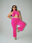 Pink matching set Crop top Strapless style Can be tied multiple ways High waist pants V-shaped waist Flared leg Elasticated waistband