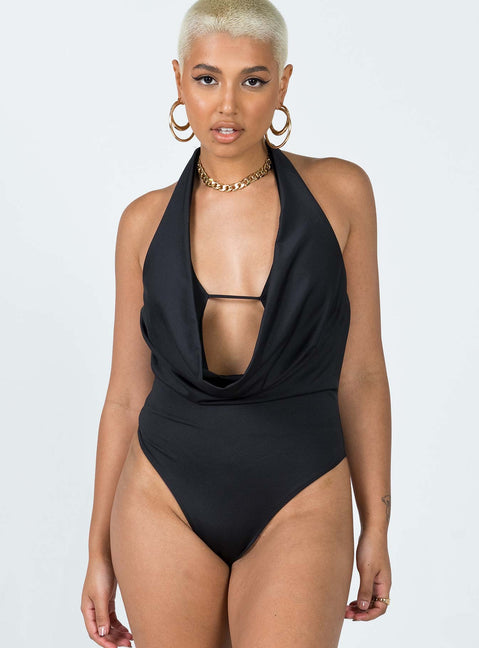 front view of model wearing Princess Polly Kayley Bodysuit Black Sleeveless Cowl 