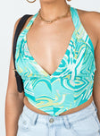 Crop top  95% polyester 5% spandex  Silky material  Printed design  Pleated bust  Halter neck tie fastening  Boning throughout  Pointed hem  Back tie fastening 