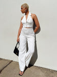 White matching set Pinstripe print Vest top Halter neck Hook & eye fastening at front Tailored pants Invisible zip fastening at side Wide leg
