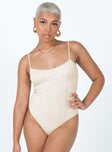 front view of model wearing Princess Polly Benjamin Bodysuit Beige Sleeveless Square Neck 