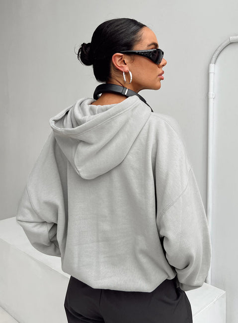 back view of model wearing Princess Polly Princess Polly Hooded Sweatshirt Collegiate Text Grey / Green 