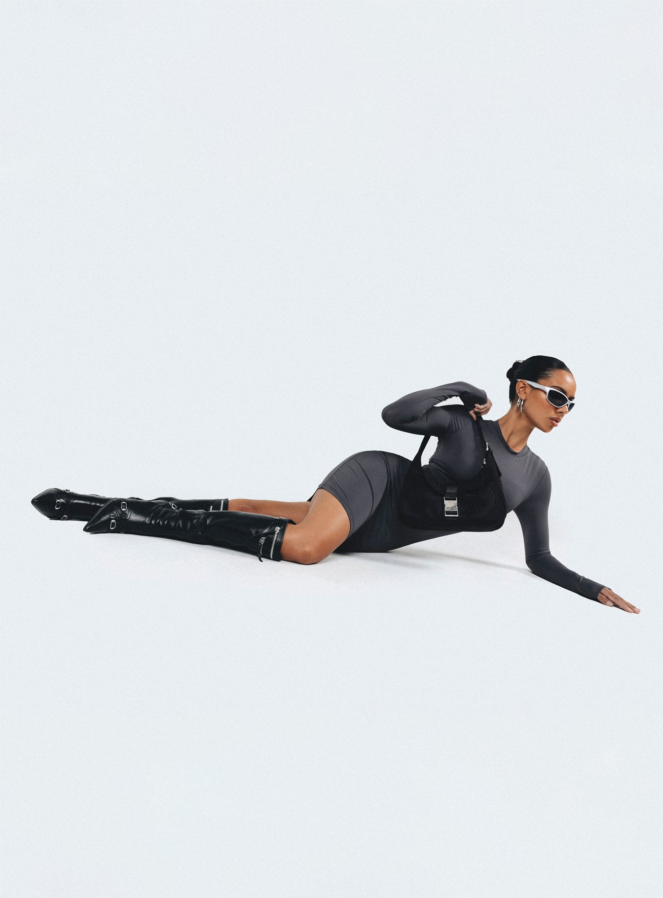 Front view of model wearing  front Princess Polly Asymmetric Neckline  Neve Long Sleeve Mini Dress Slate