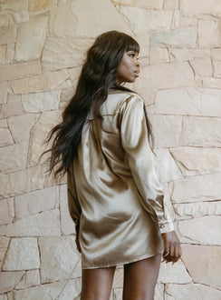 back view of model wearing Princess Polly 90210 Satin Shirt Mini Dress Brown 