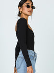 side view of model wearing Princess Polly Charlotte Bodysuit Black Tall Full Sleeves Square Neck 