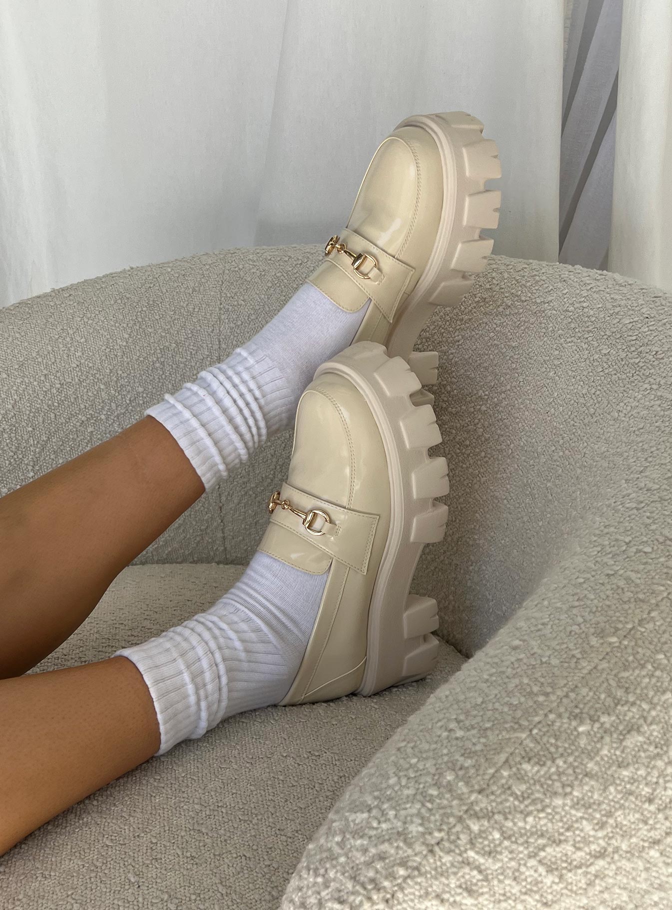 Loafers Faux patent leather  Platform base Treaded sole Gold-toned snaffle detail Rounded toe