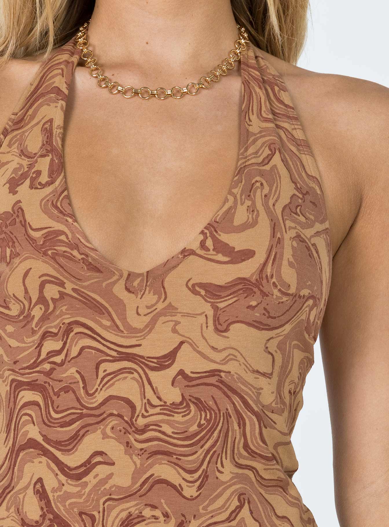 front view of model wearing Princess Polly Motel Aisha Mini Dress Fluid Marbling Brown 