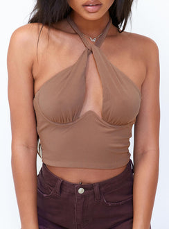 front view of model wearing Princess Polly Alicia Top Brown 