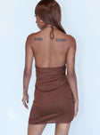 back view of model wearing Princess Polly Lenny Mini Dress Brown 