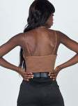 back view of model wearing Princess Polly Levey Bodysuit Brown Sleeveless Scoop Neck 