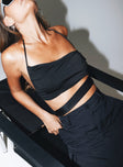 Black strapless top Back tie fastening Semi detached waist tie Good stretch Fully lined
