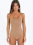 front view of model wearing Princess Polly Karlah Bodysuit Beige Sleeveless Square Neck 