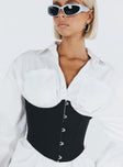 Corset Wired cups Cut out bust Metal fastening closure Boning through bodice Non stretch Fully lined 