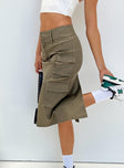 Front view of model wearing  front Alida Cargo Midi Skirt Olive Green Princess Polly  Mini Skirts 