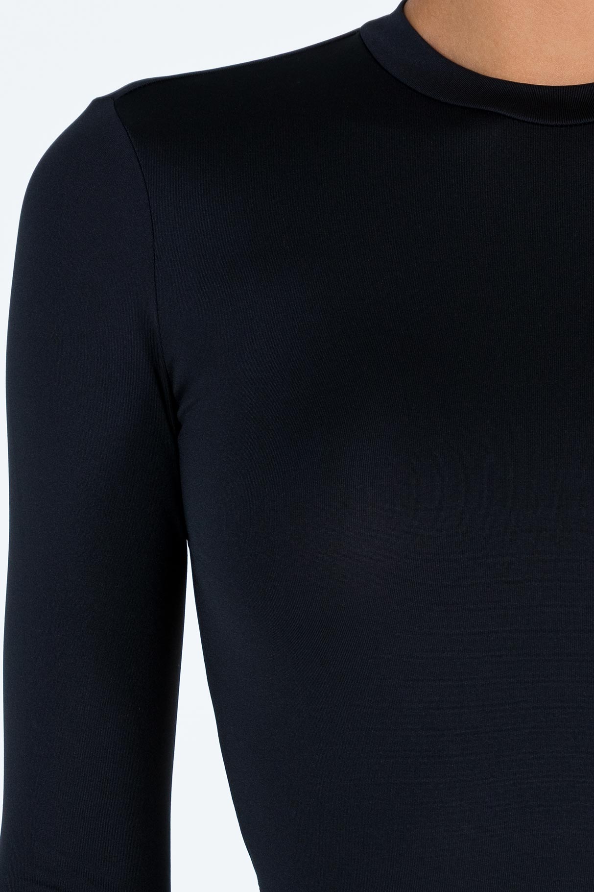 back view of model wearing Princess Polly Tarrick High Neck Bodysuit Black Full Sleeves High Neck 