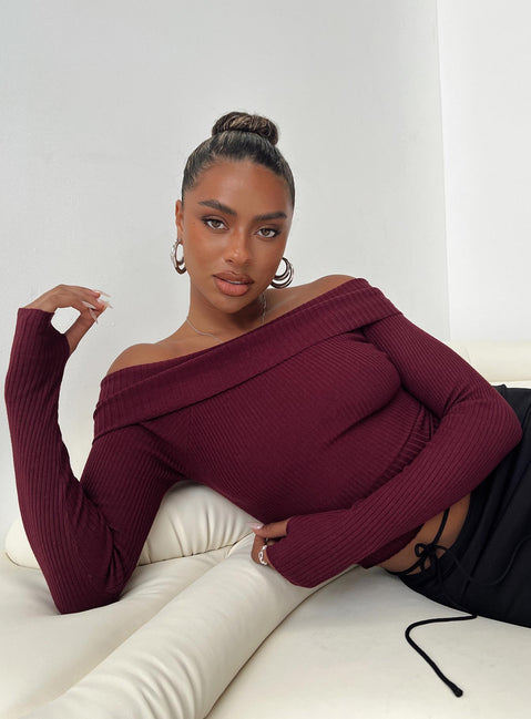 Morley Off Shoulder Sweater L | XL | Burgundy | Womens | Princess Polly Lower Impact Morley Off Shoulder Sweater L | XL | Burgundy | Womens | Princess Polly Lower Impact