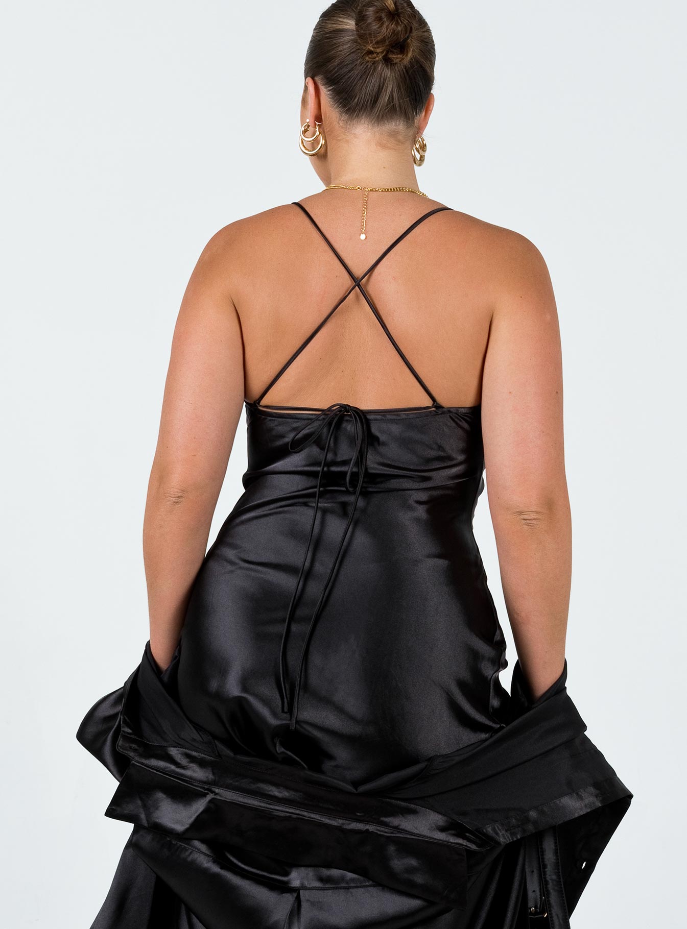 Matching set Silky material  Oversized shirt  Button front fastening  Twin chest pockets  Mini slip dress Cowl neckline  Tie back fastening  Invisible zip fastening at side 