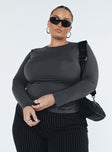 Front view of model wearing  front Princess Polly Full Sleeves Asymmetric Neckline  Arnim Long Sleeve Top Grey Curve