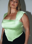 Front view of model wearing  front Princess Polly Sleeveless Square Neck  Cornell Satin Corset Top Green Curve