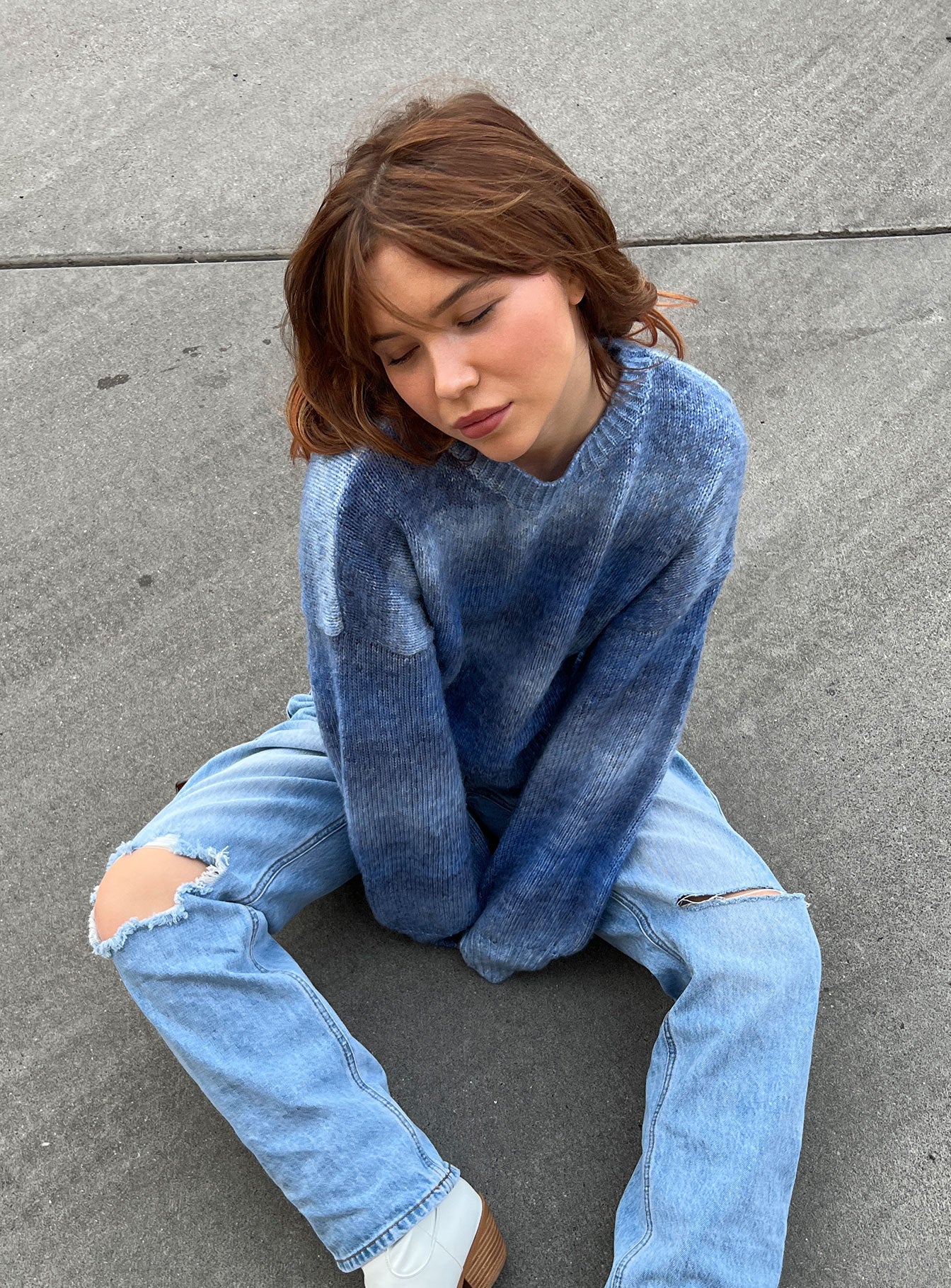 Front view of model wearing  front Adina Sweater Blue Princess Polly  