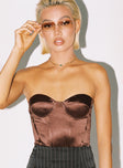 front view of model wearing Princess Polly Amora Bodysuit Brown Sleeveless Sweetheart 