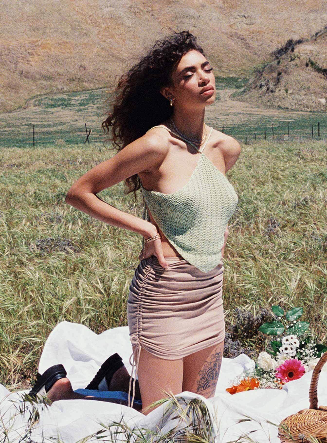 side view of model wearing Princess Polly Avoca Top Green 