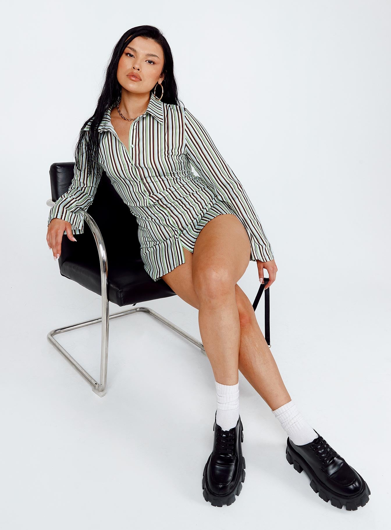 front view of model wearing Princess Polly Anni Stripe Mini Dress Green Multi 