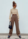 Front view of model wearing  front Princess Polly High Waisted Pants  Archer Pants Brown Tall