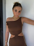 front view of model wearing Princess Polly Billie Midi Dress Brown 