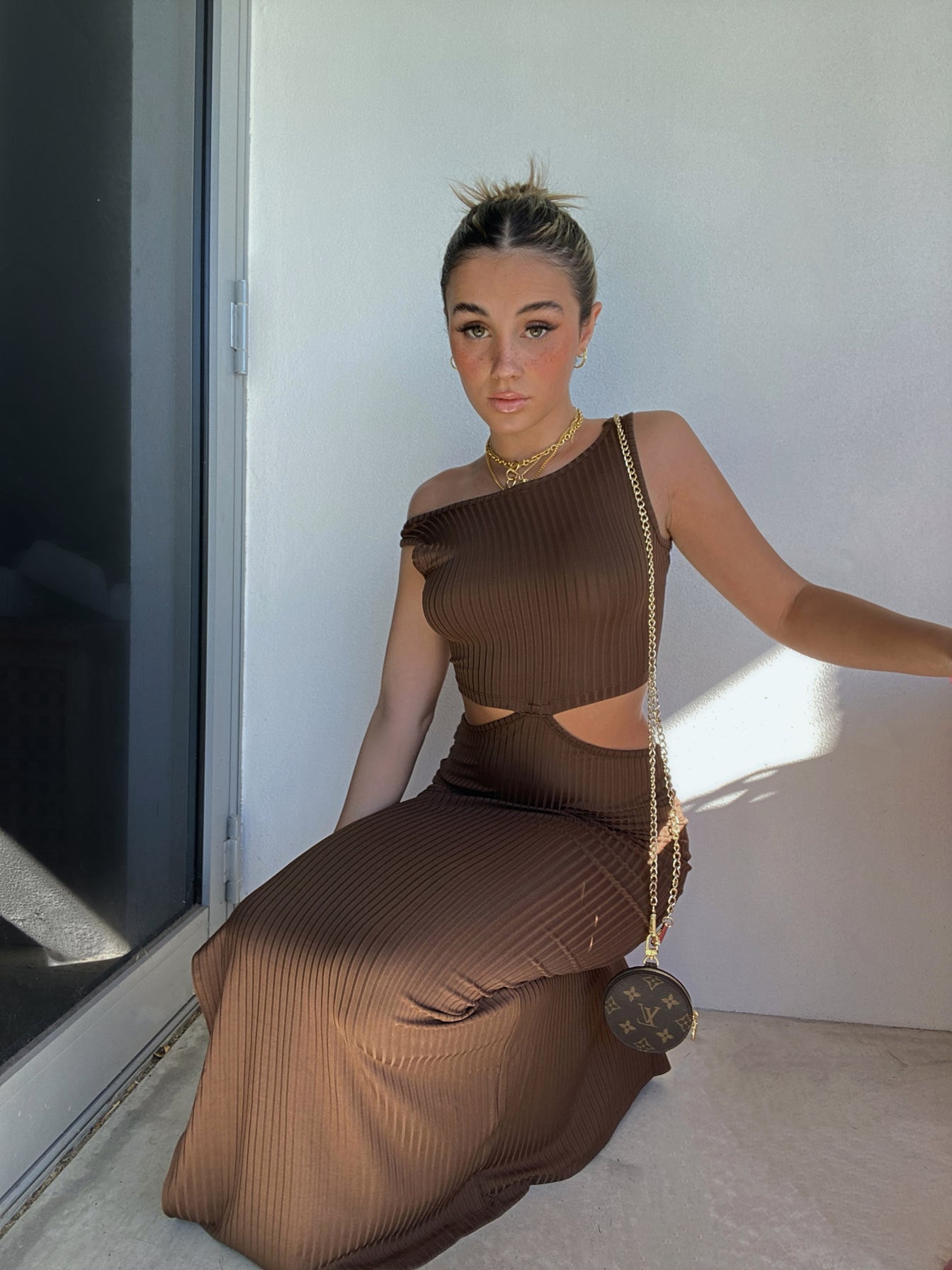 back view of model wearing Princess Polly Billie Midi Dress Brown 