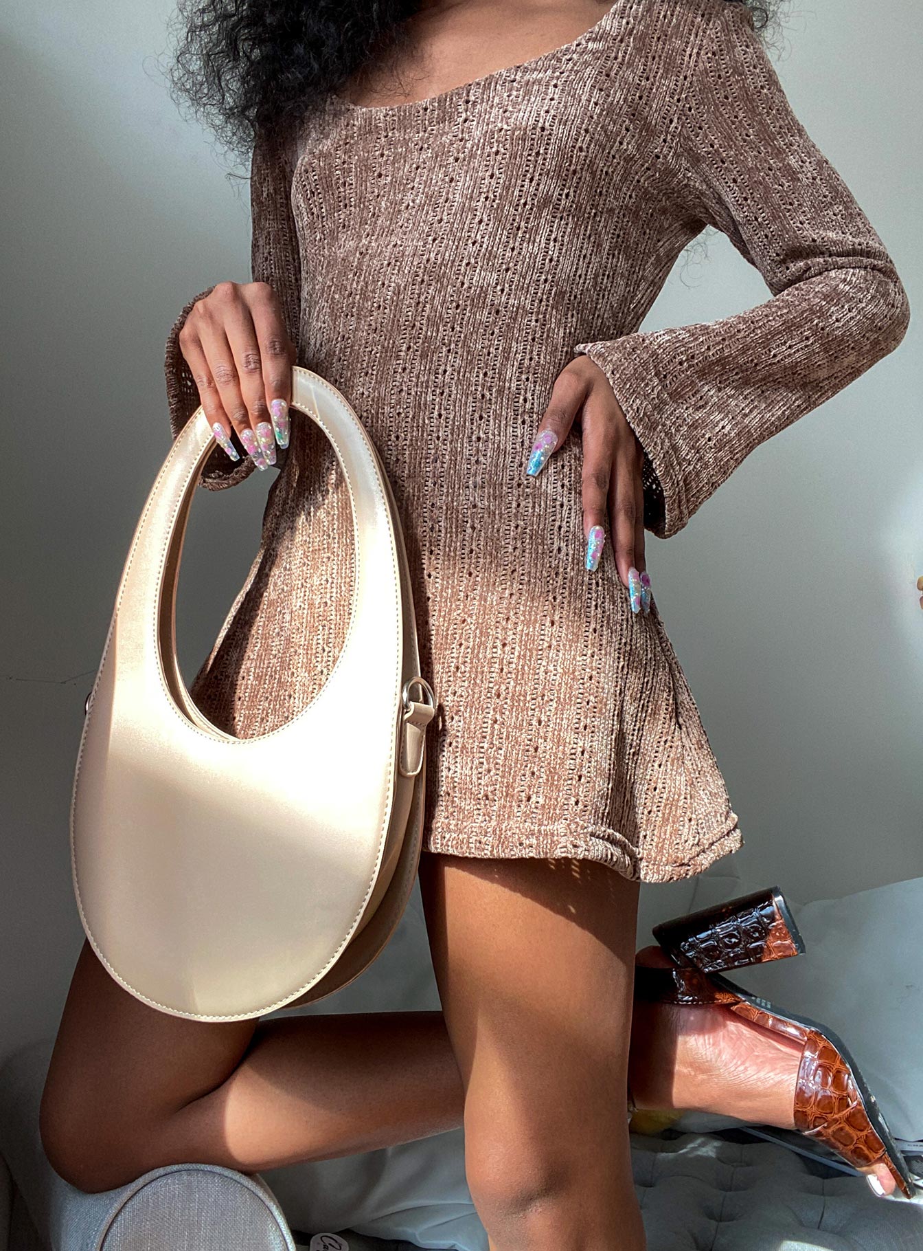 back view of model wearing Princess Polly Boho Babe Mini Dress Mocha 