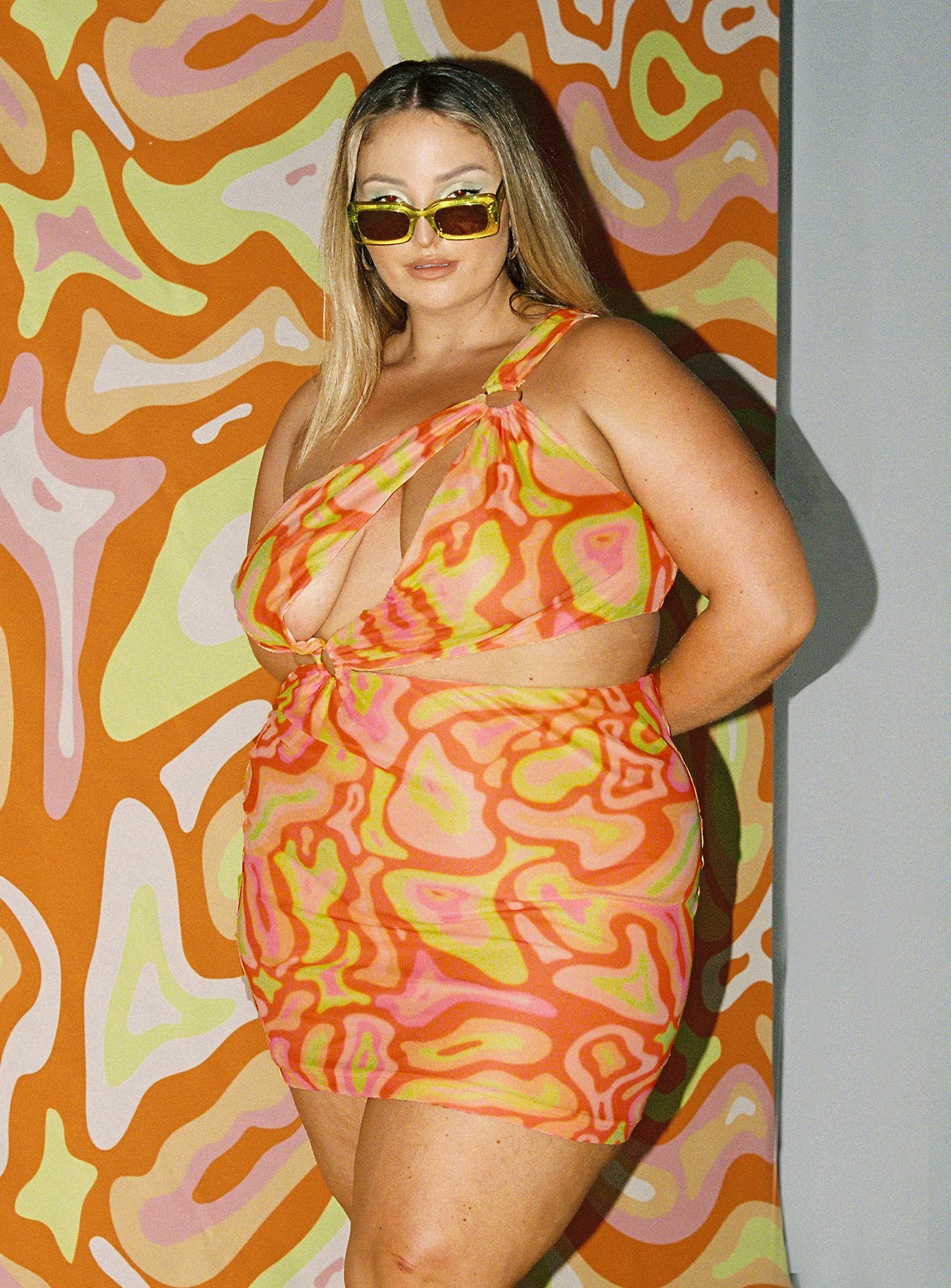 back view of model wearing Princess Polly Greater Power Mini Dress Multi Curve 