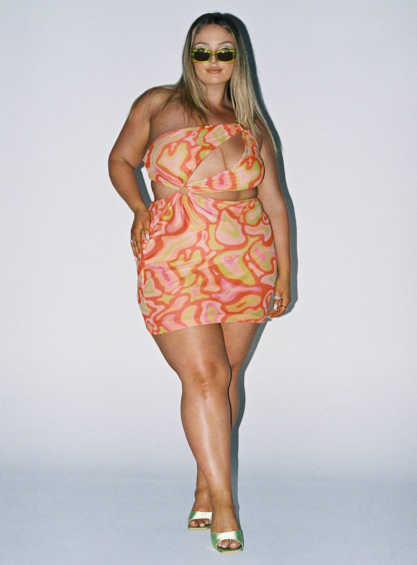 front view of model wearing Princess Polly Greater Power Mini Dress Multi Curve 