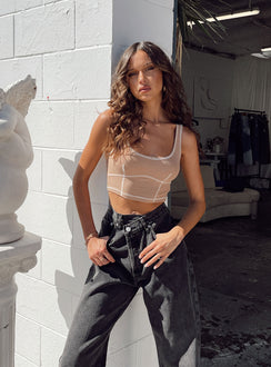 front view of model wearing Princess Polly Carl Top Beige 