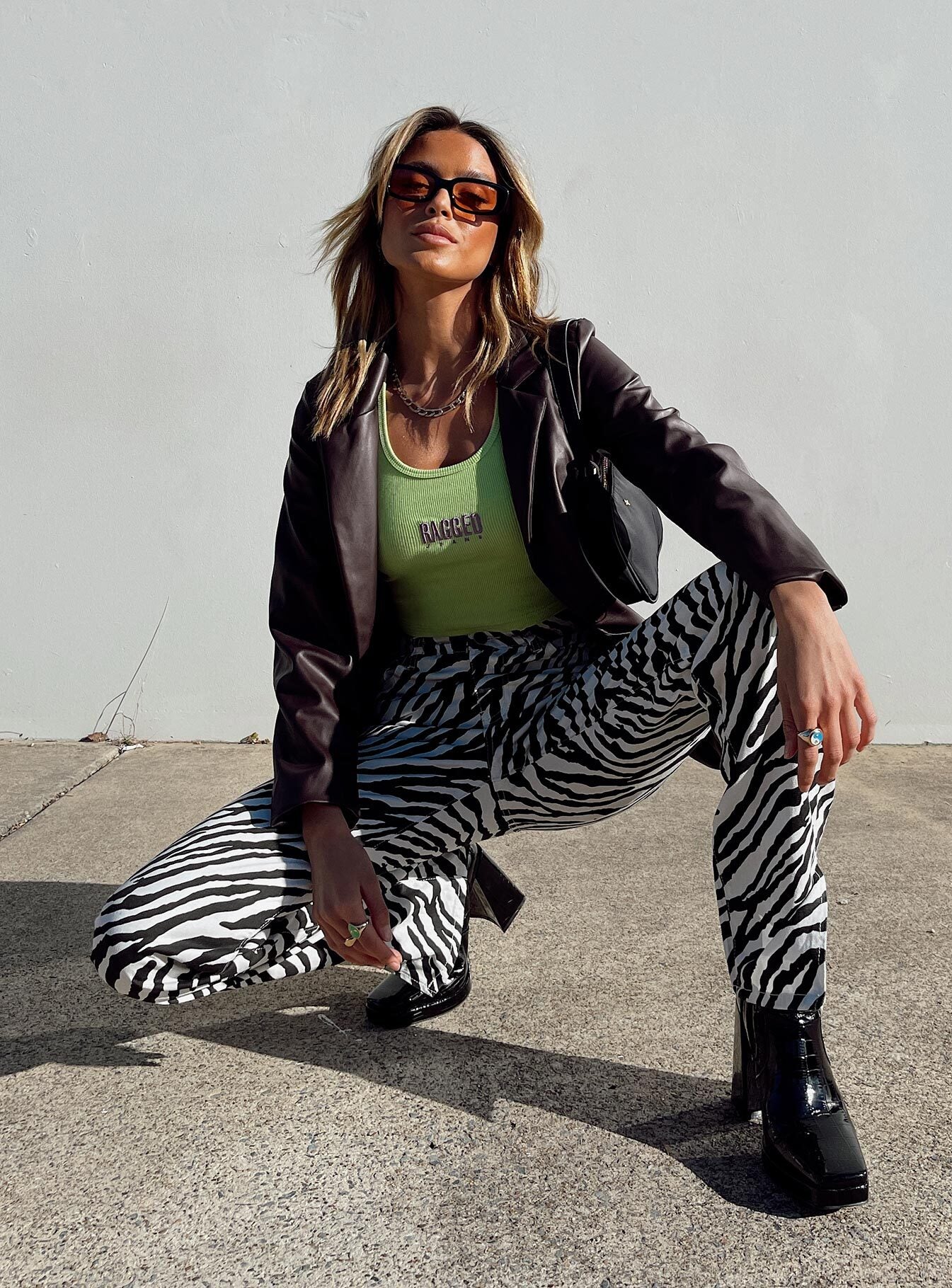 front view of model wearing Princess Polly Alabama Jeans Zebra Mid Rise 