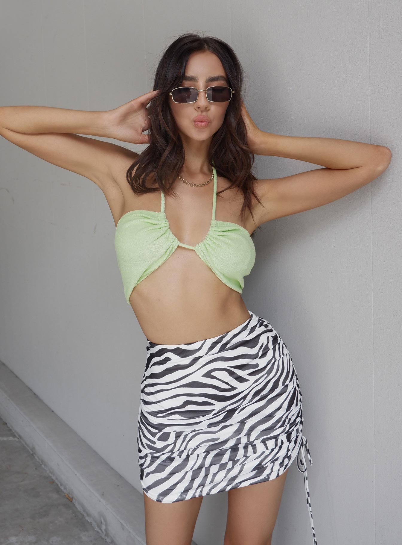 front view of model wearing Princess Polly Clarke Top Green 