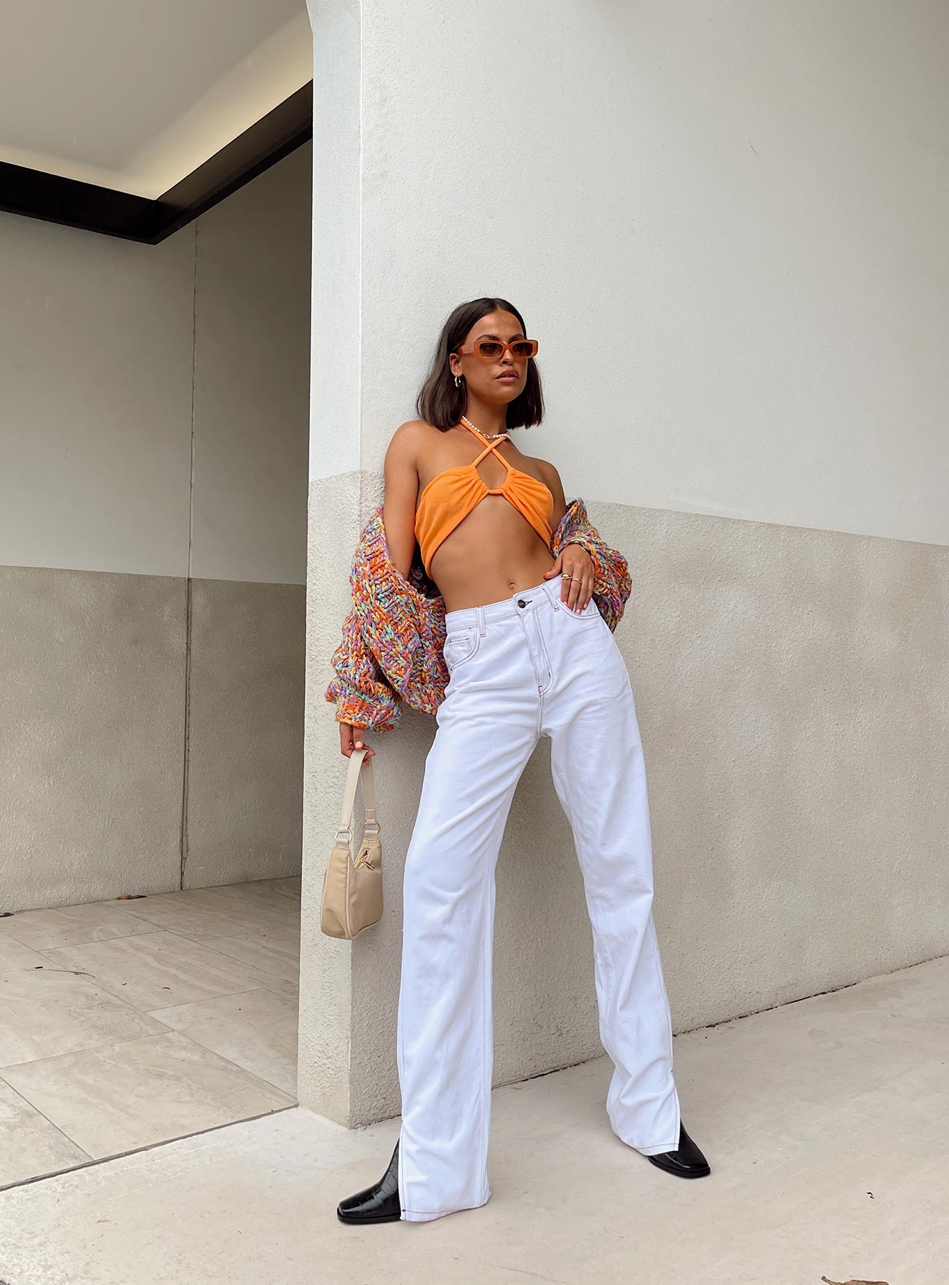 Front view of model wearing  front Princess Polly Full Sleeves Sweetheart  Clarke Top Orange